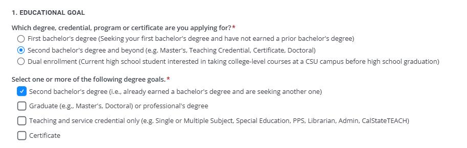 Cal State Apply Educational Goal Page Screenshot